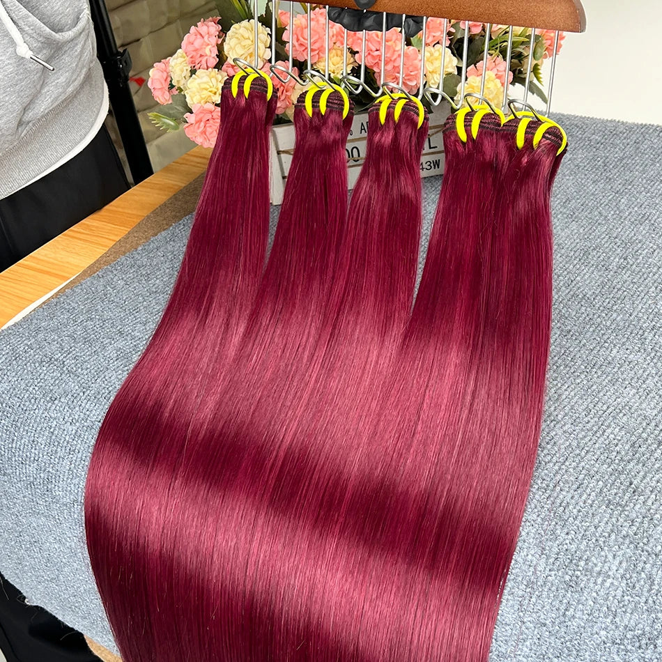 Double Drawn #99j Color Straight Burgundy Human Hair Bundles 100% Virgin Hair Weave Extensions 18-26 Inches 1/2/3/4 Bundles