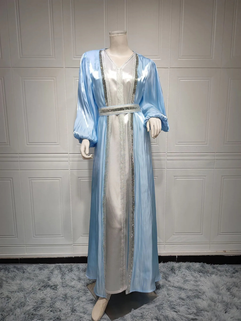 Lavender Sequin Dress V Neck Puffed Sleeves Satin Dresses Belted Waist Floor Length Gown Gold Trim Embroidered Trim Evening