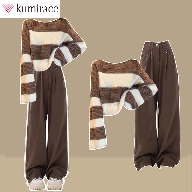 Winter Outfit for Women 2024 New Loose Striped Tea Knit Sweater High Waisted Jeans Two-piece Set Winter Clothes Women Pant Sets