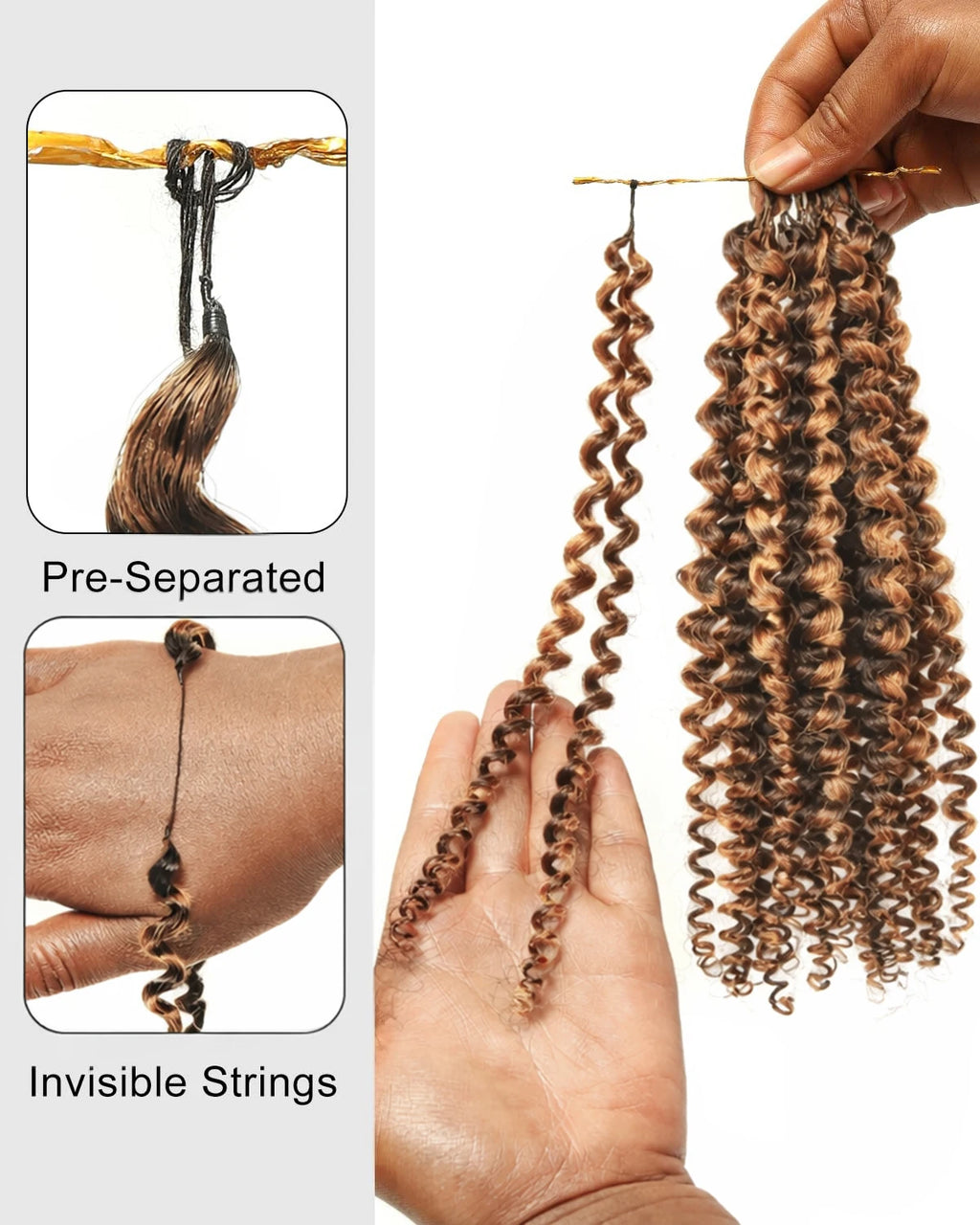 P4/27 Ombre Highlight Kinky Curly Feather Crochet Human Hair Pre-Separated Dark Brown and Blonde Miracle Knots Hair Extensions