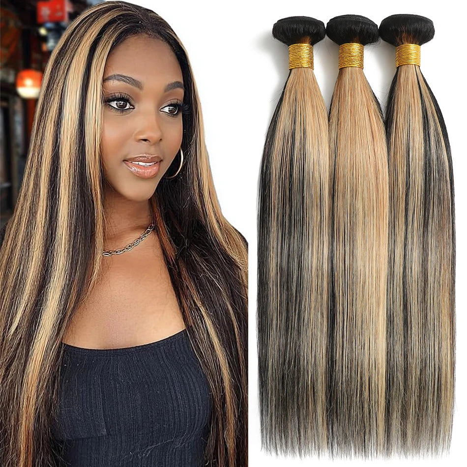 Piano Color Brown Silky Straight Bundles Human Hair Unprocessed Brazilian Virgin Hair Highlight Bone Straight Hair 3/4 Bundles