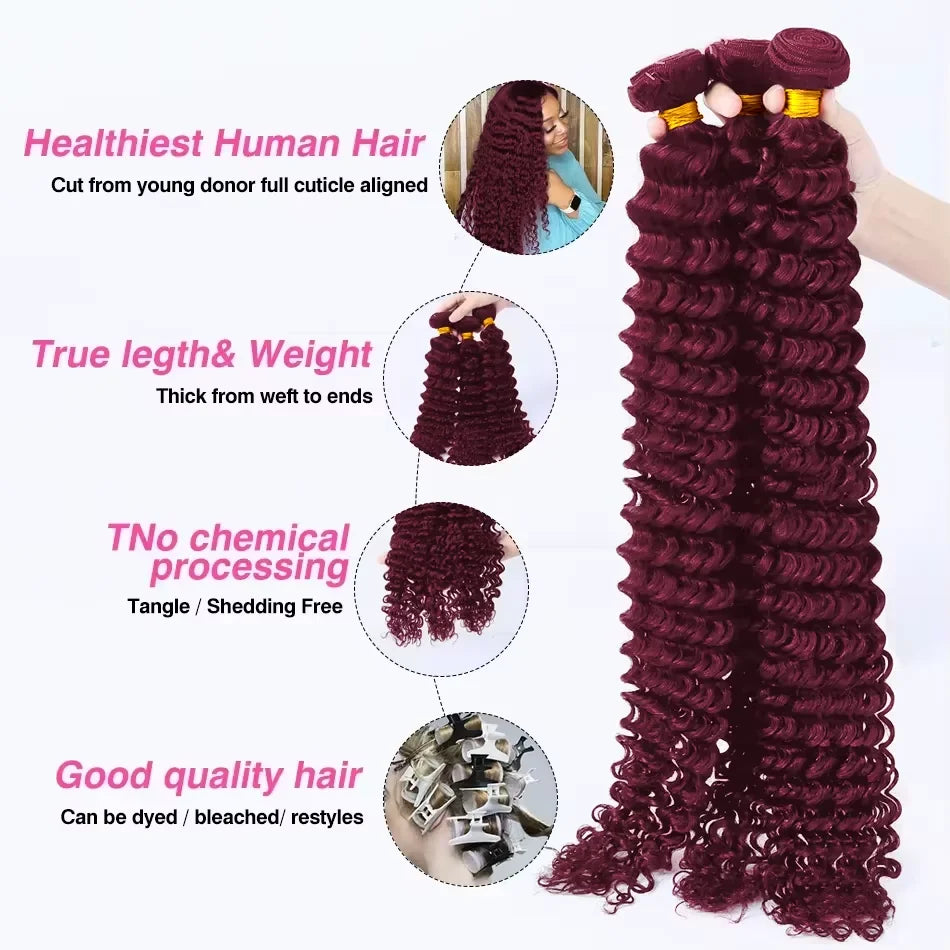 Burgundy Curly Hair Weaves Virgin Human Hair Bundles Red Wine Color #99j Deep Wave Bundles Remy Hair Bundle Deals For Extensions