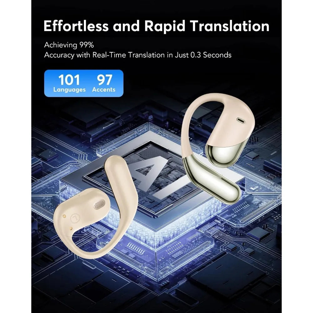 AI Translation Earbuds: Real-Time 2-Way Language Translator for Face-to-Face and Travel, Bluetooth Headphones - Classic Khaki