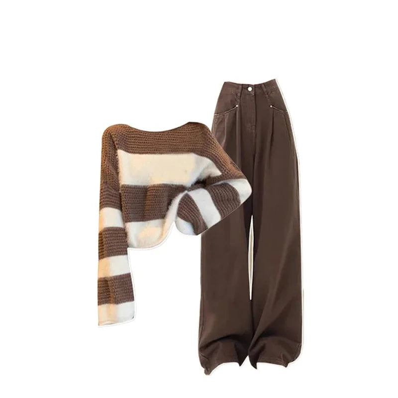 Winter Outfit for Women 2024 New Loose Striped Tea Knit Sweater High Waisted Jeans Two-piece Set Winter Clothes Women Pant Sets
