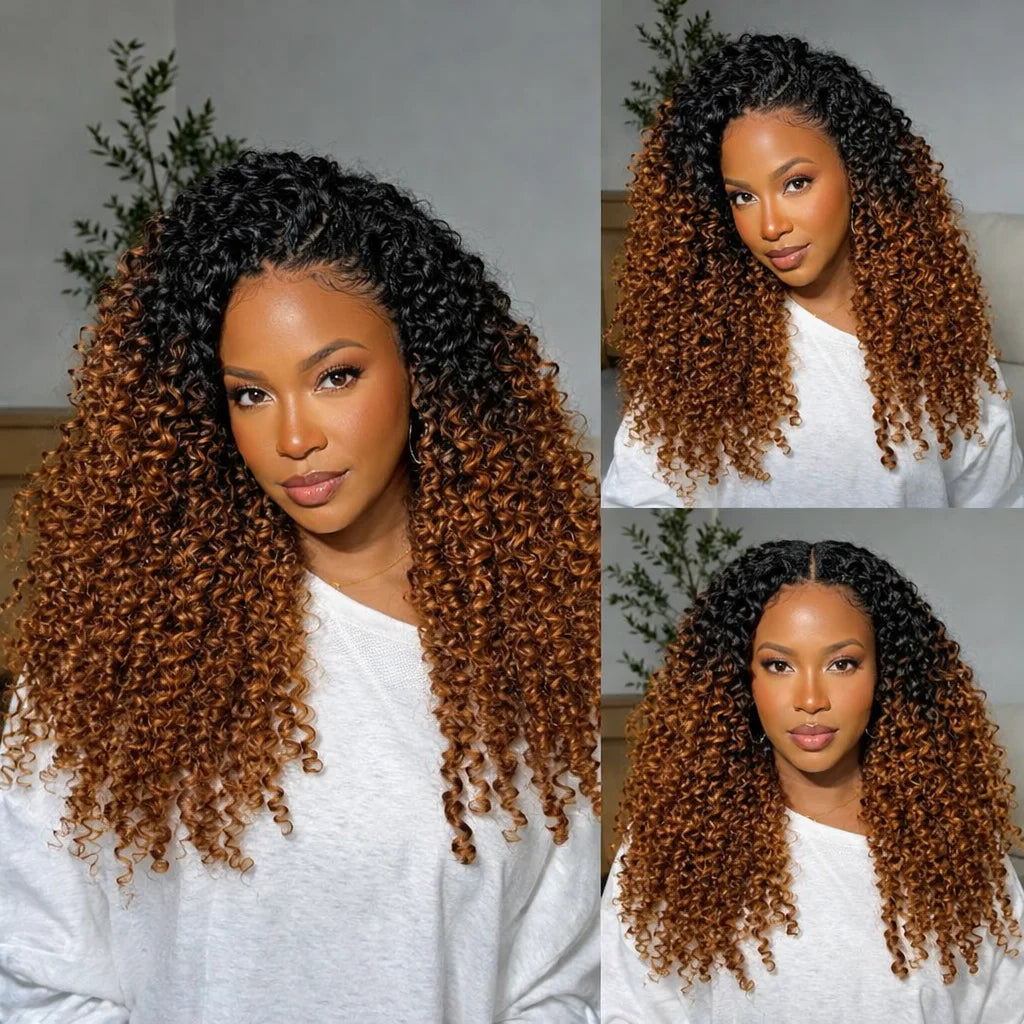 Kinky Curly Crochet Human Hair #T1B/30 Pre-looped Non-Shedding Virgin Hair Crochet Braids Knotless Feather Hair Extensions