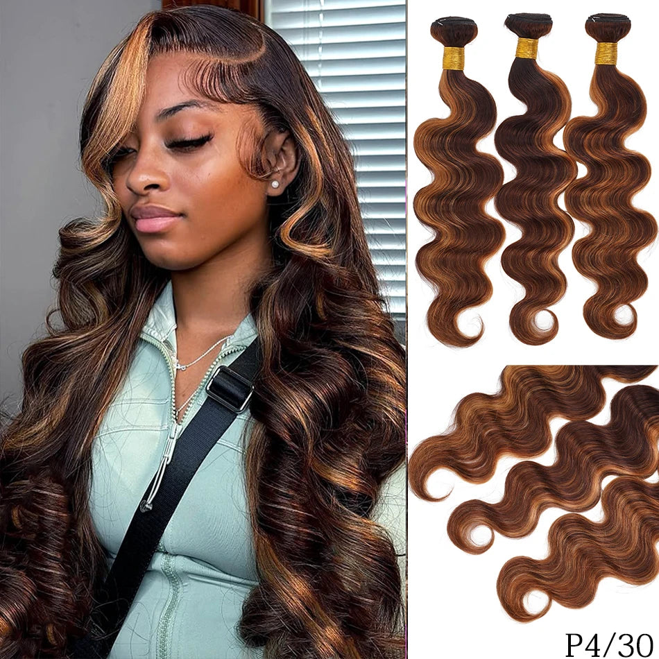 Raw Indian Virgin Hair Brown Highlight Body Wave Human Hair Weave 3 Bundles Ombre Blonde Bouncy Loose Wavy Sew in Piano Color