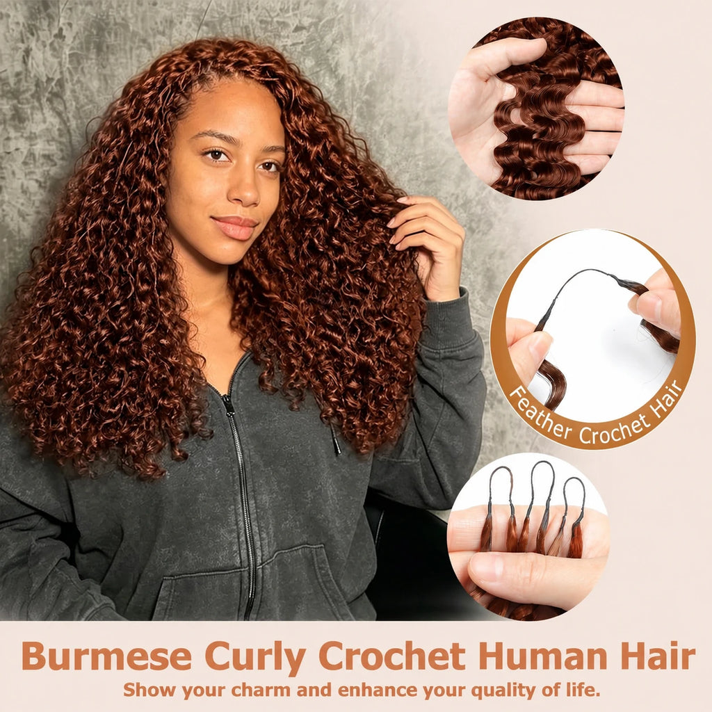Miracle Knots Knotless Human Crochet Braiding Hair Reddish Brown Burmese Curly Pre Separated Feather Hair Bulk Boho Extensions