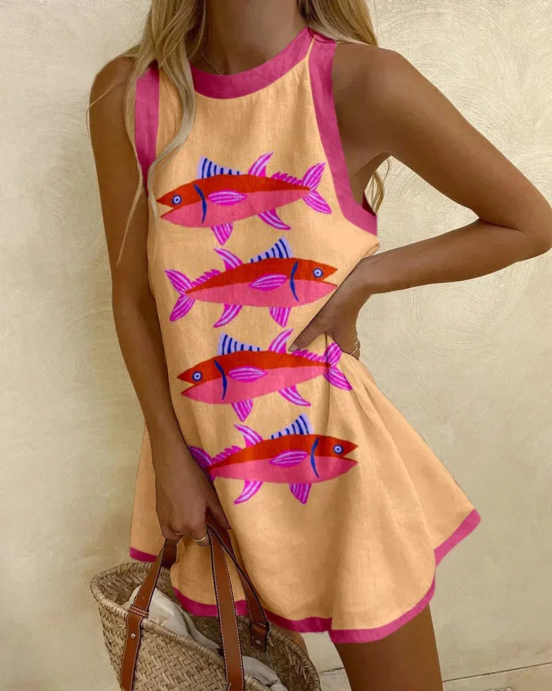 Women's Pineapple Print Sleeveless Dress - Casual Beach Vacation Party Dress for Summer