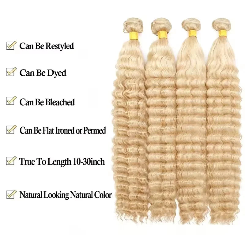 613 Human Hair Bundles Deep Wave 1/3/4 Bundle Blonde 22 24 26 28 Inch Color 613 Bundles Human Hair Extension 65g Single Bundle Double Weft Unprocessed Brazilian Virgin Hair