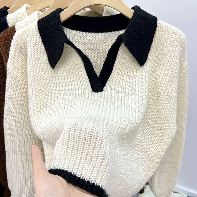 Women Pullovers Panelled Breathable Long Sleeve Knitted Cozy Sheer Loose Young Streetwear Harajuku Korean Style Tender Trendy