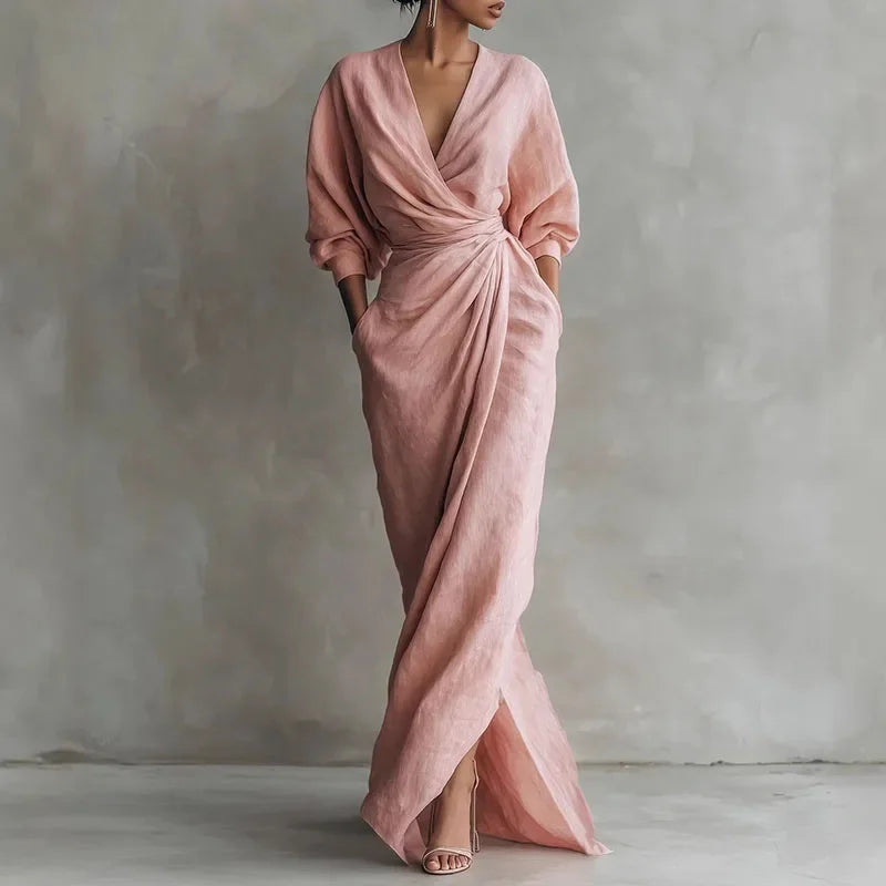 Women's Sexy V Neck Wrap Waist Long Dresses 2026 Spring Casual Solid Slim Bodycon Hips Dress Elegant Long Sleeve Slit Maxi Dress