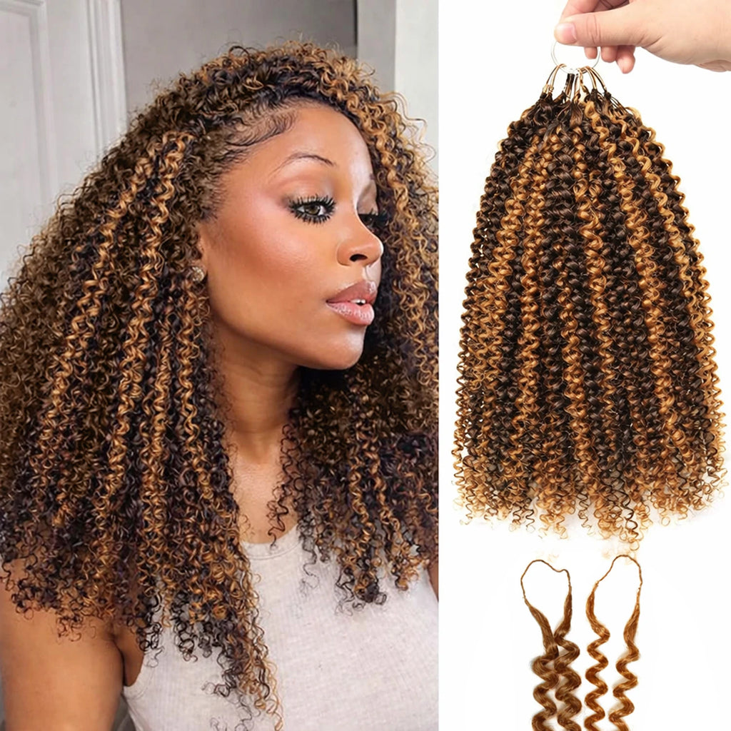P4/27 Ombre Highlight Kinky Curly Feather Crochet Human Hair Pre-Separated Dark Brown and Blonde Miracle Knots Hair Extensions