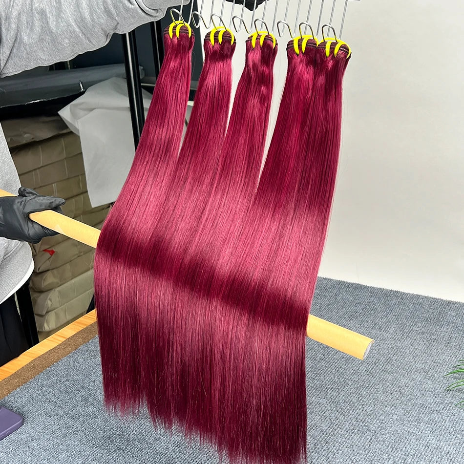 Double Drawn #99j Color Straight Burgundy Human Hair Bundles 100% Virgin Hair Weave Extensions 18-26 Inches 1/2/3/4 Bundles