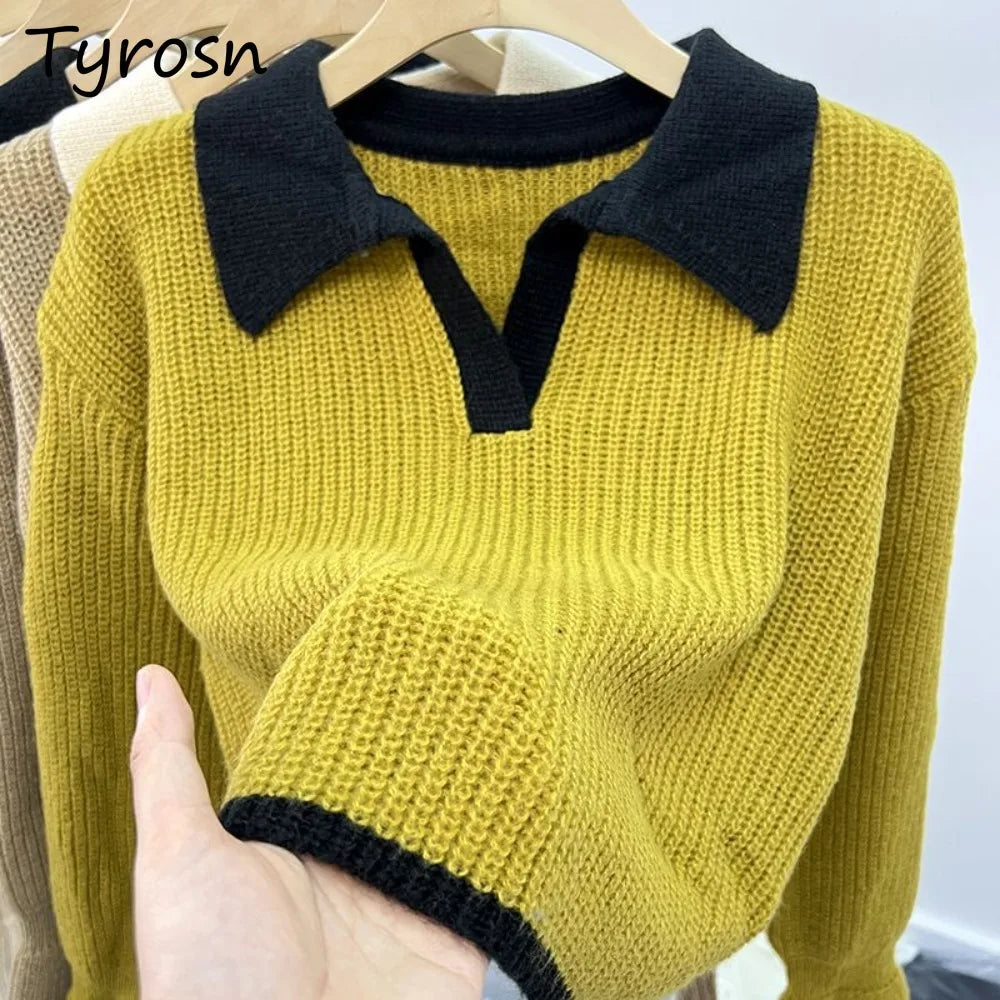 Women Pullovers Panelled Breathable Long Sleeve Knitted Cozy Sheer Loose Young Streetwear Harajuku Korean Style Tender Trendy