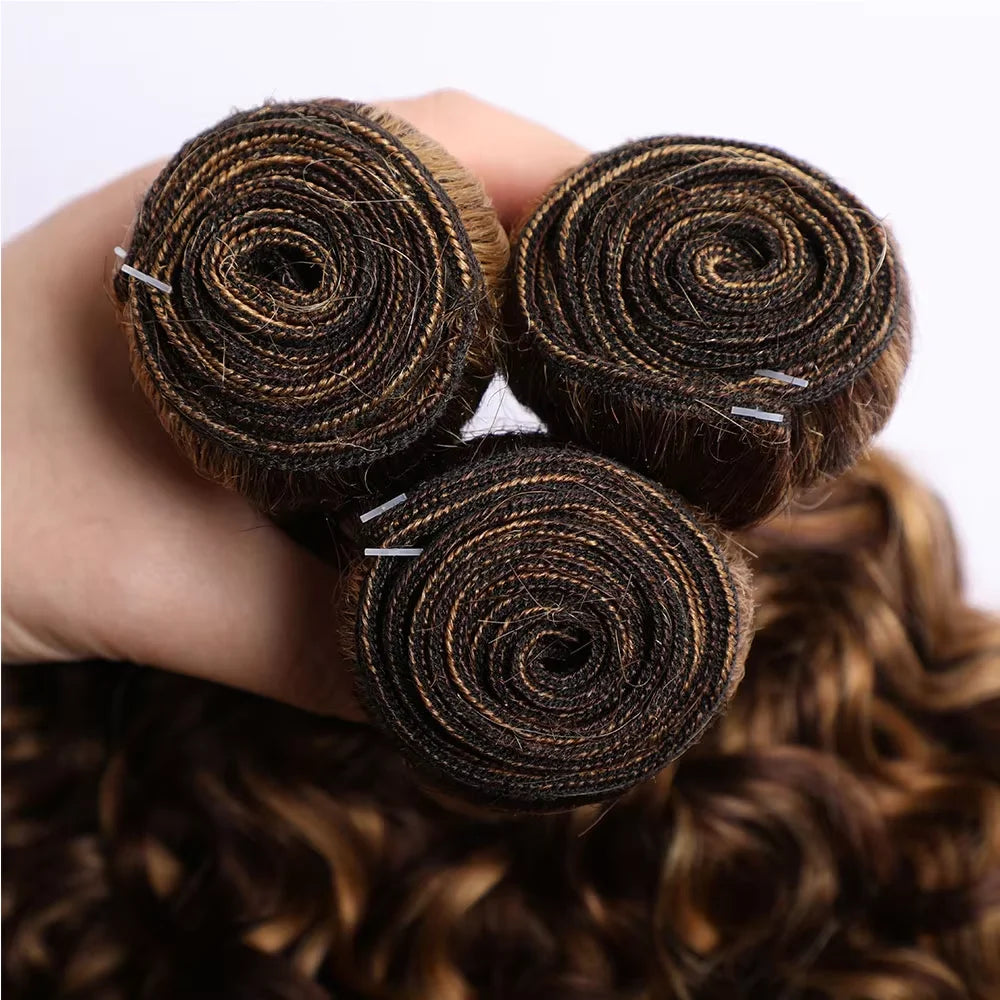 P4/27 Highlight Deep Wave Bundles Human Hair For Women Brazilian Hair Weaving Ombre Brown Curly Hair Bundles Deals For Extension