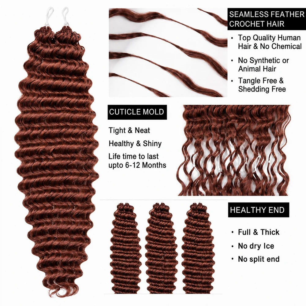 Reddish Brown Crochet Human Hair Deep Wave Miracle Knots Feather Soft Braiding Hair Extensions For Black Women Natural Full Ends