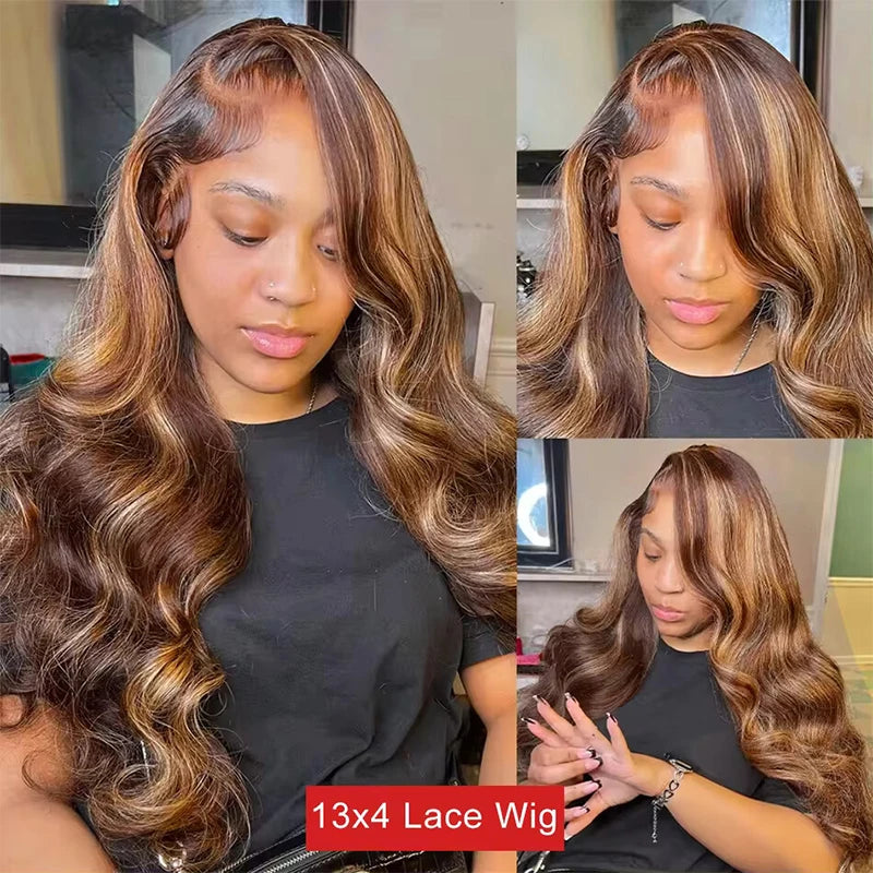 34inch Body Wave Highlight Wig Human Hair Honey Blonde 4/27 Colored 13x6 Lace Front Human Hair Wigs For Women Pre Plucked 180 Density