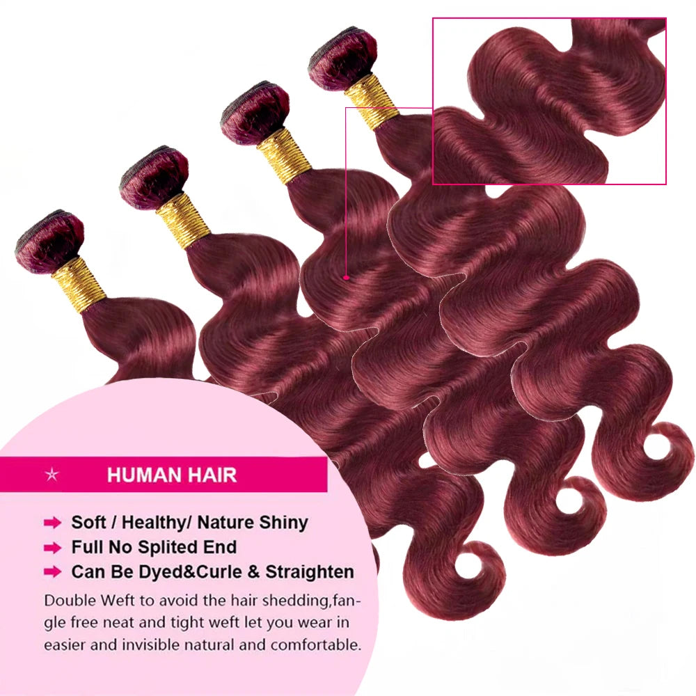 99J Burgundy Bundles 100% Human Hair Body Wave Bundles 26 28 30 Inch Wine Red Body Wave Bundle Human Hair Extensions Virgin Hair