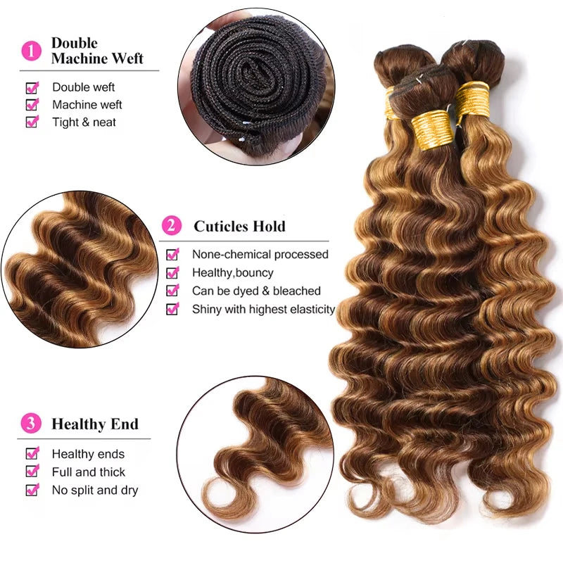 P4/27 Highlight Deep Wave Bundles Human Hair For Women Brazilian Hair Weaving Ombre Brown Curly Hair Bundles Deals For Extension