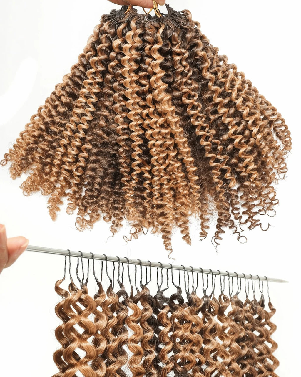 P4/27 Ombre Highlight Kinky Curly Feather Crochet Human Hair Pre-Separated Dark Brown and Blonde Miracle Knots Hair Extensions