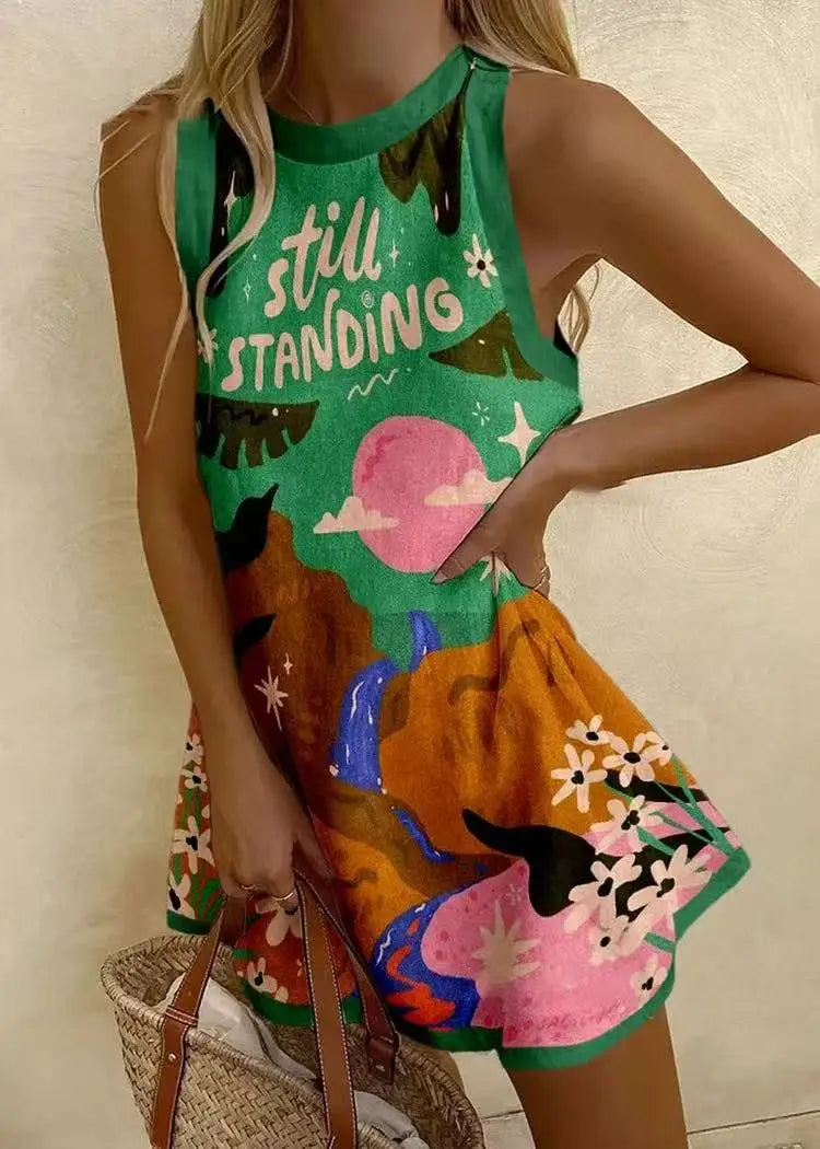 Women's Pineapple Print Sleeveless Dress - Casual Beach Vacation Party Dress for Summer