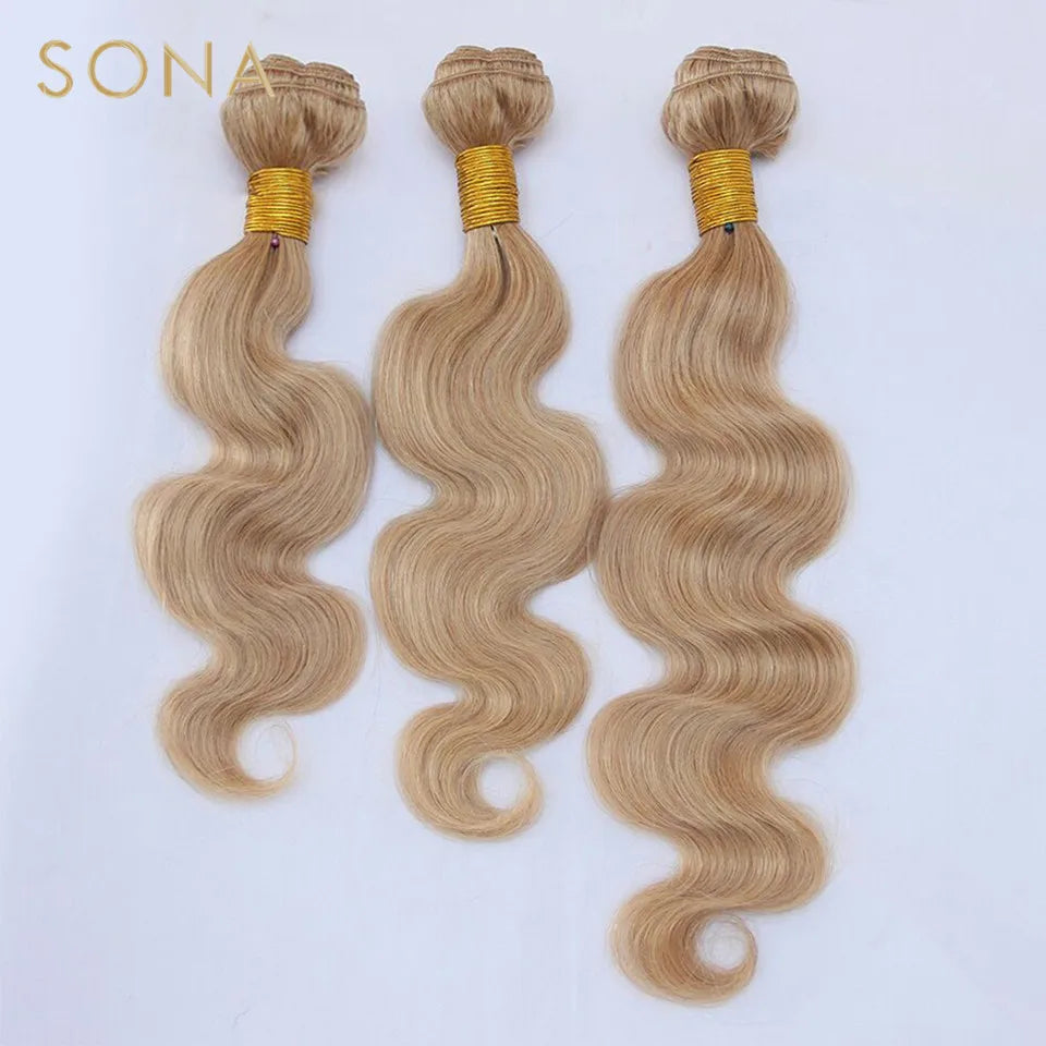 #27 Honey Blonde Hair Weave Bundles Brazilian Body Wave 100% Remy Human Hair Weave 3 Bundles With Frontal And Closure