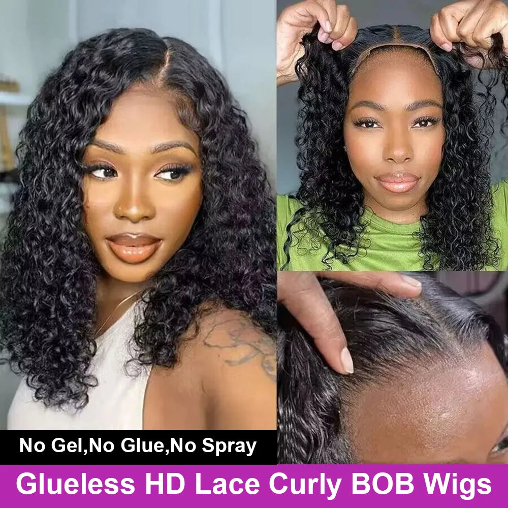 Wear And Go 13x6 Deep Wave Lace Frontal Bob Wig Kinky Curly Glueless Wig Short Ready To Go Human Hair Wigs 250 Density For Women