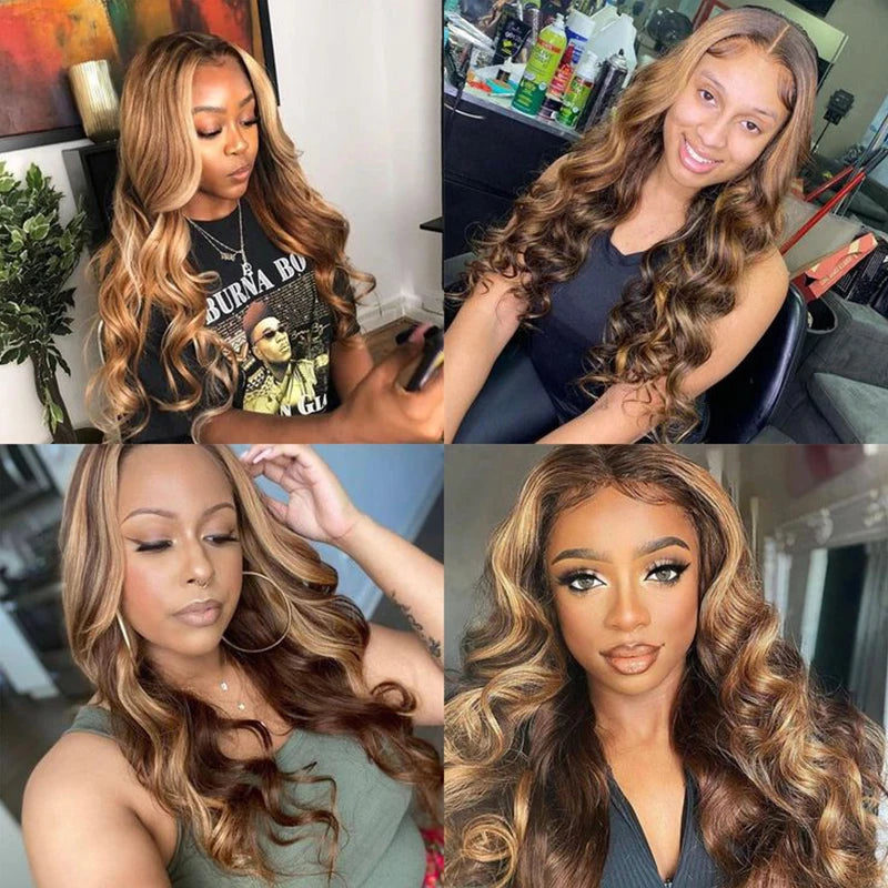 34inch Body Wave Highlight Wig Human Hair Honey Blonde 4/27 Colored 13x6 Lace Front Human Hair Wigs For Women Pre Plucked 180 Density