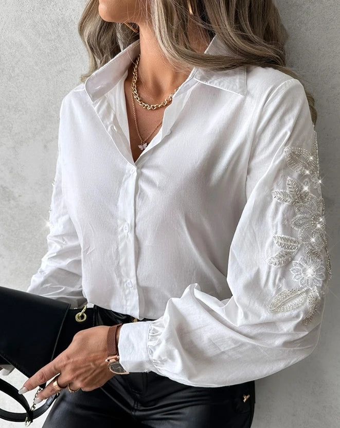 2024 Autumn Spring Fashion Casual Female Clothing T-Shirts Pullover Tops Elegant Blouses Floral Sequin Embroidery Buttoned Top