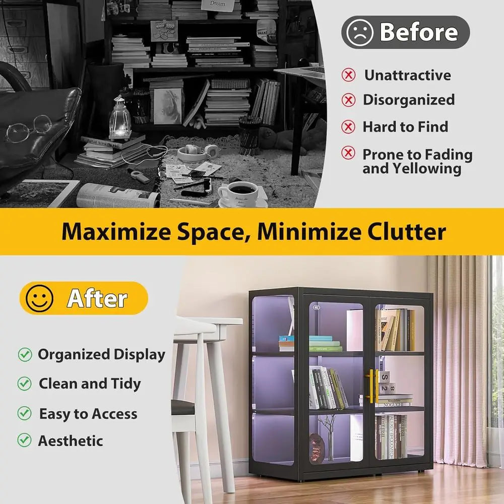 34 Tall Glass Door Display Cabinet with Adjustable Shelves and LED Lights for Living Room