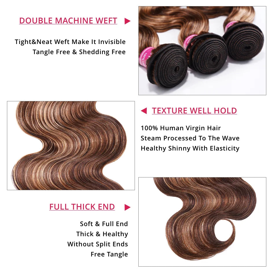 UNice Brown Blonde Highlight Body Wave Bundles 1/3/4 Bundles 100% Human Hair Bundles 100Grams Per Bundle Sew In Extensions