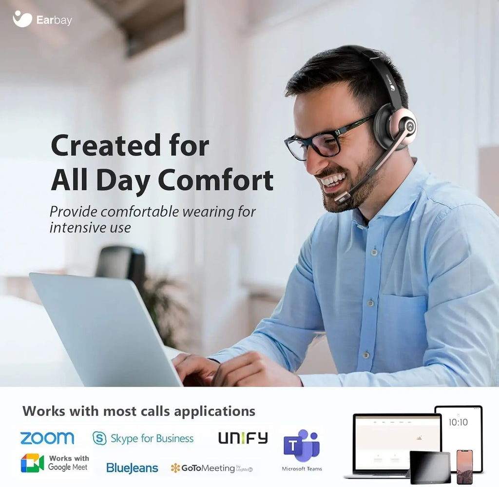 Wireless Headset with Mic, Noise Canceling & Mute, USB Dongle, Charge Dock for PC Phone Office