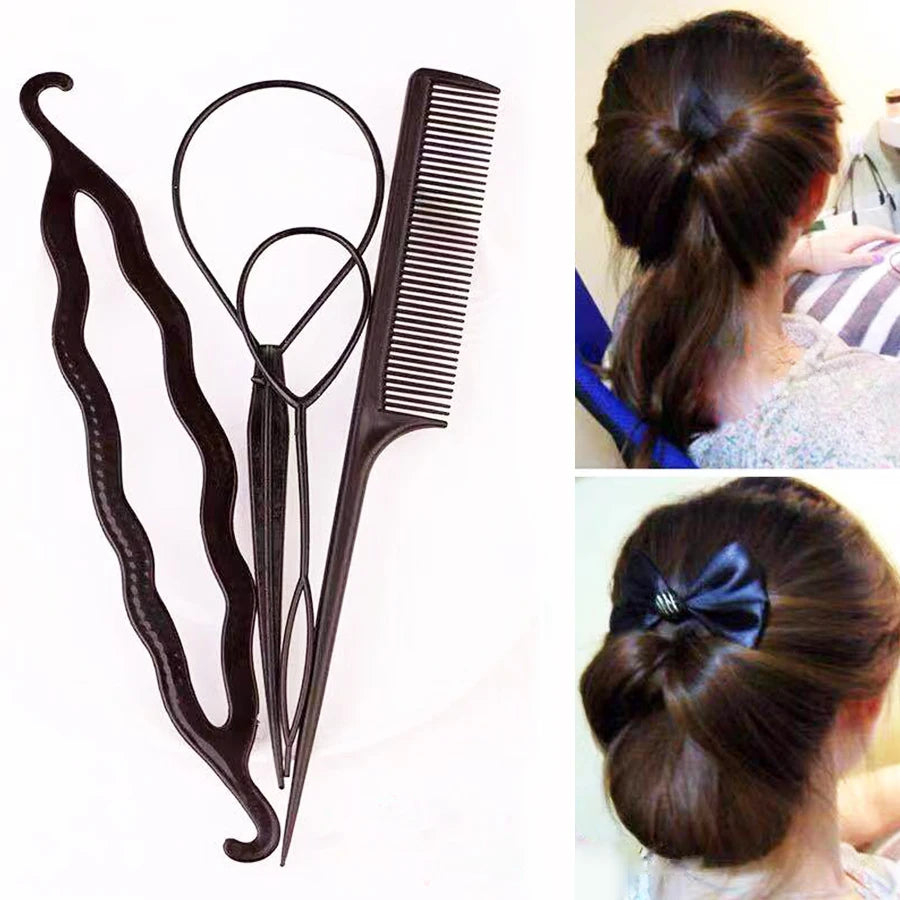 Elegant 4pcs Hair Braiding Tool Kit with Bun Maker Hair Pulling Needle &Double Hook Styling Accessories for Beautiful Hairstyles