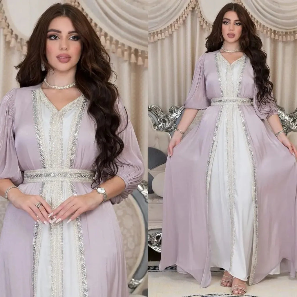 Lavender Sequin Dress V Neck Puffed Sleeves Satin Dresses Belted Waist Floor Length Gown Gold Trim Embroidered Trim Evening