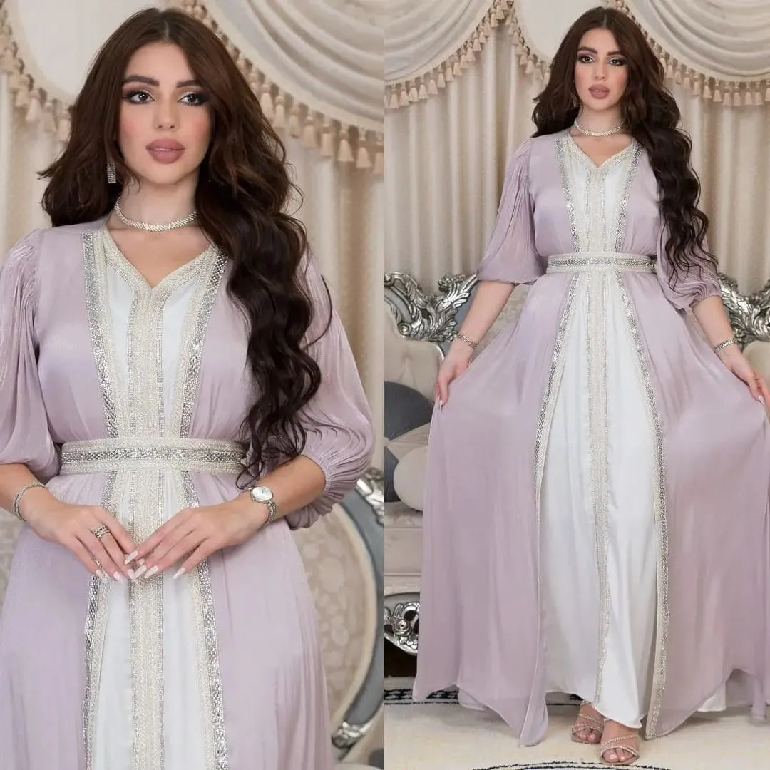 Lavender Sequin Dress V Neck Puffed Sleeves Satin Dresses Belted Waist Floor Length Gown Gold Trim Embroidered Trim Evening