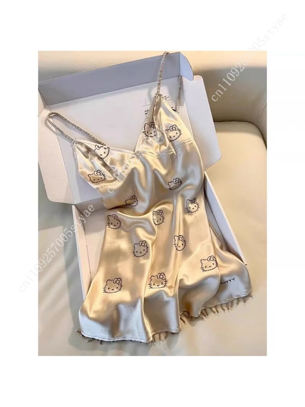 Hello Kitty Champagne Satin Slip Nightgown for Women Cute Print Fringed Hem Sexy Sleep Dress Soft Loungewear for Nightwear