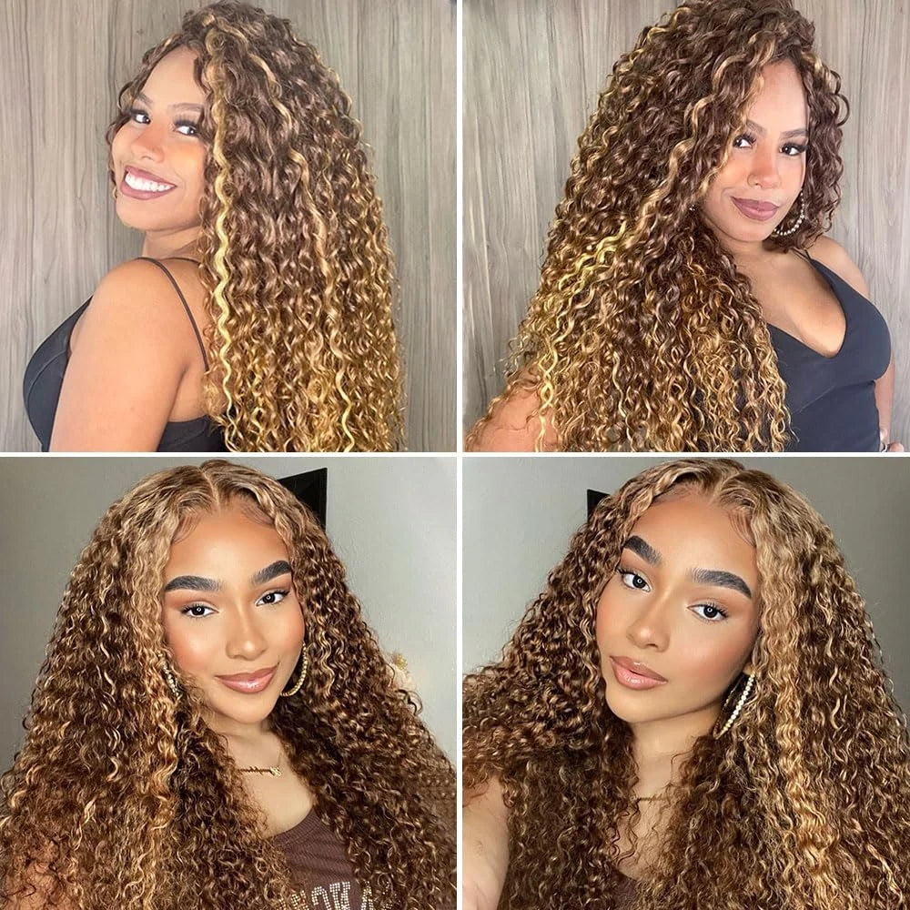 P4/27 Ombre Highlight Kinky Curly Feather Crochet Human Hair Pre-Separated Dark Brown and Blonde Miracle Knots Hair Extensions