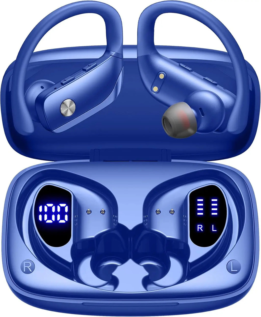 Wireless Earbuds with 80H Playtime LED Display Case, Over-Ear Hook, Stereo Sound, Easy Button Controls, Sports Earphones for Running Workout Gym Blue