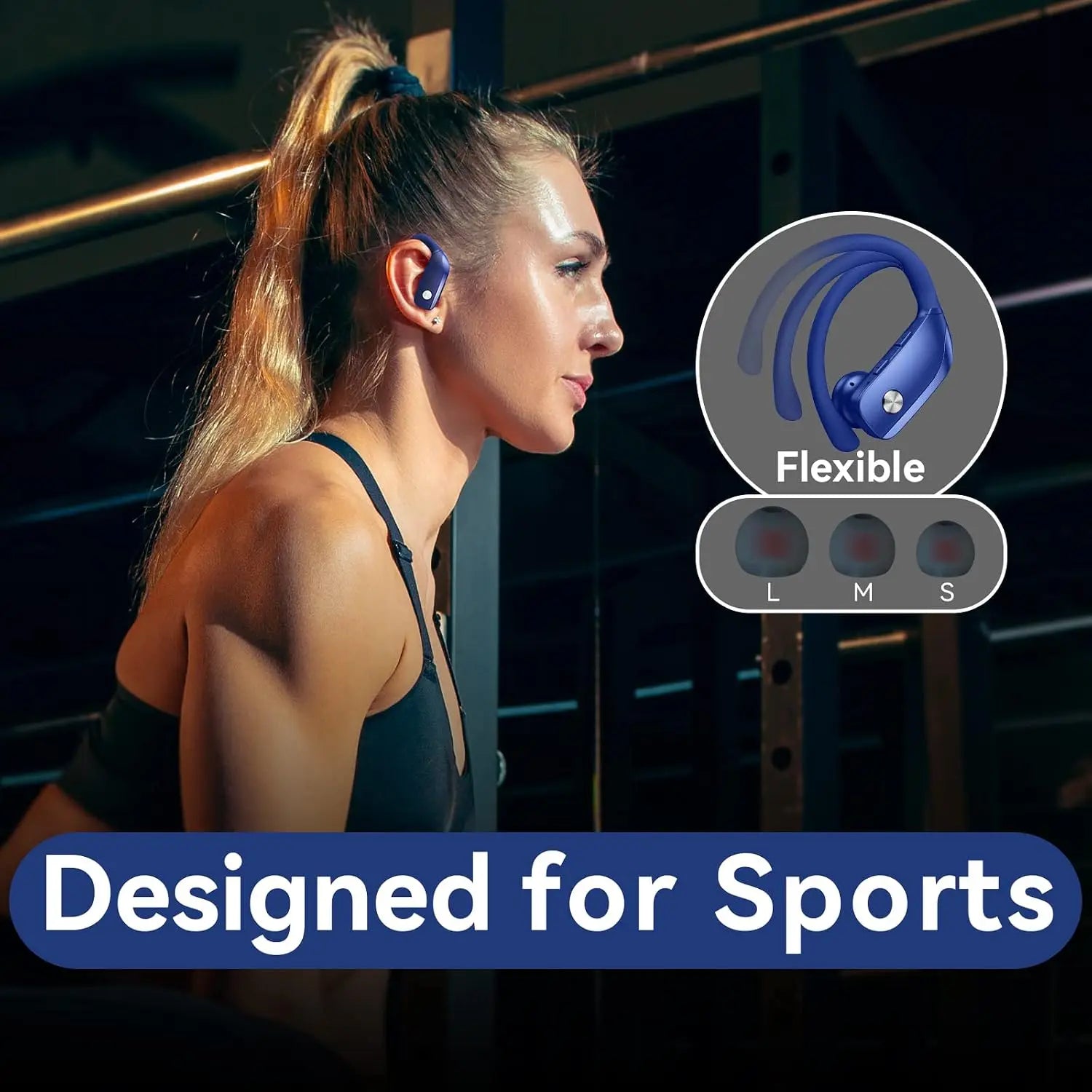 Wireless Earbuds with 80H Playtime LED Display Case, Over-Ear Hook, Stereo Sound, Easy Button Controls, Sports Earphones for Running Workout Gym Blue