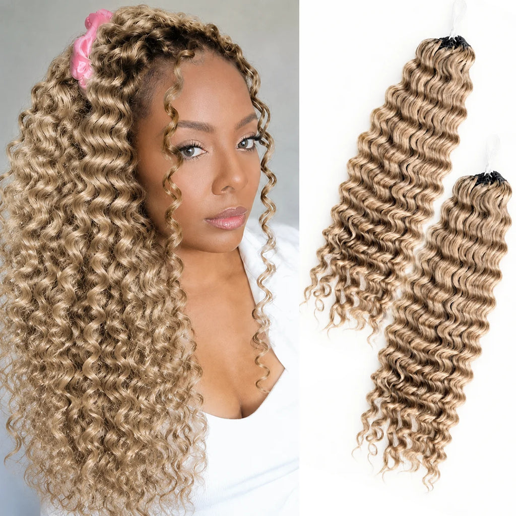 #27 Highlight Honey Blonde Deep Wave  Crochet Human Hair Extensions Pre Separated Miracle Knots Invisible Knotless Feather Crochet Braids Human Hair Bulk Hair For Braiding