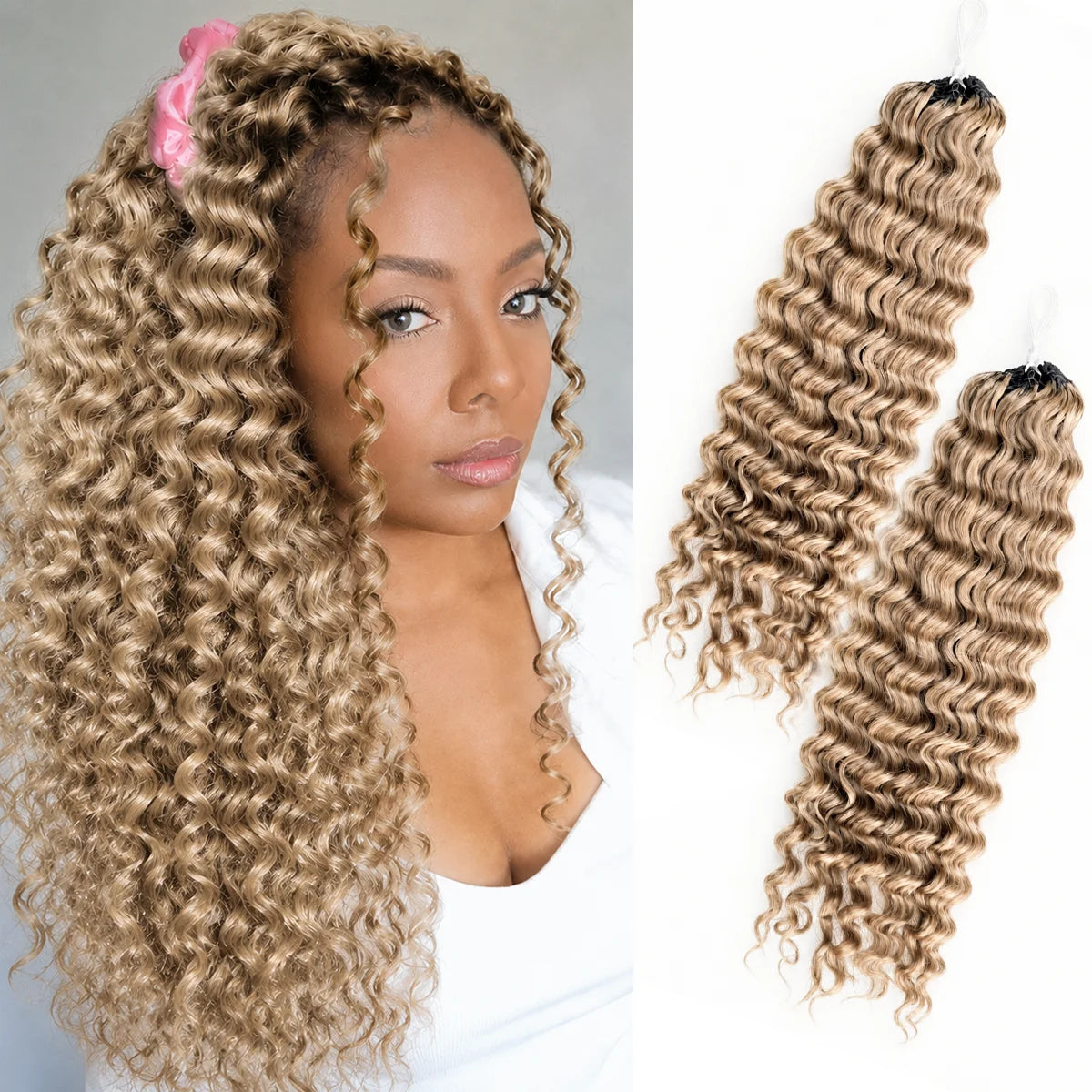 #27 Highlight Honey Blonde Deep Wave  Crochet Human Hair Extensions Pre Separated Miracle Knots Invisible Knotless Feather Crochet Braids Human Hair Bulk Hair For Braiding