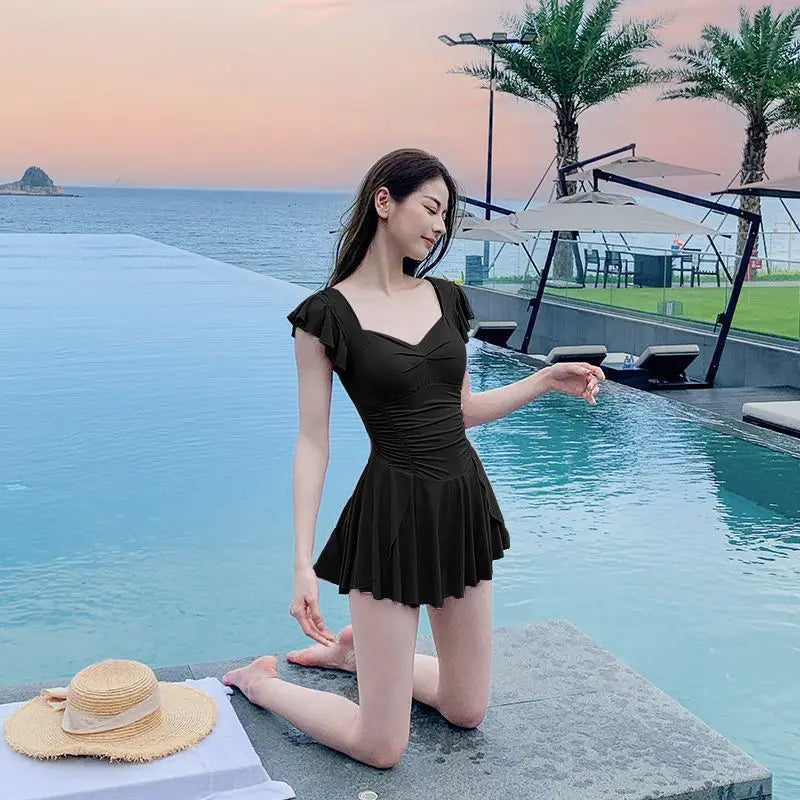 Modest Tankini Dress Swimwear Female Ruffle Hem Full Coverage Swimdress Vintage Floral Print Pool Party Vacation Outfits