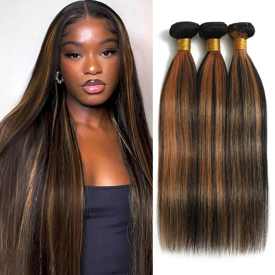 Piano Color Brown Silky Straight Bundles Human Hair Unprocessed Brazilian Virgin Hair Highlight Bone Straight Hair 3/4 Bundles