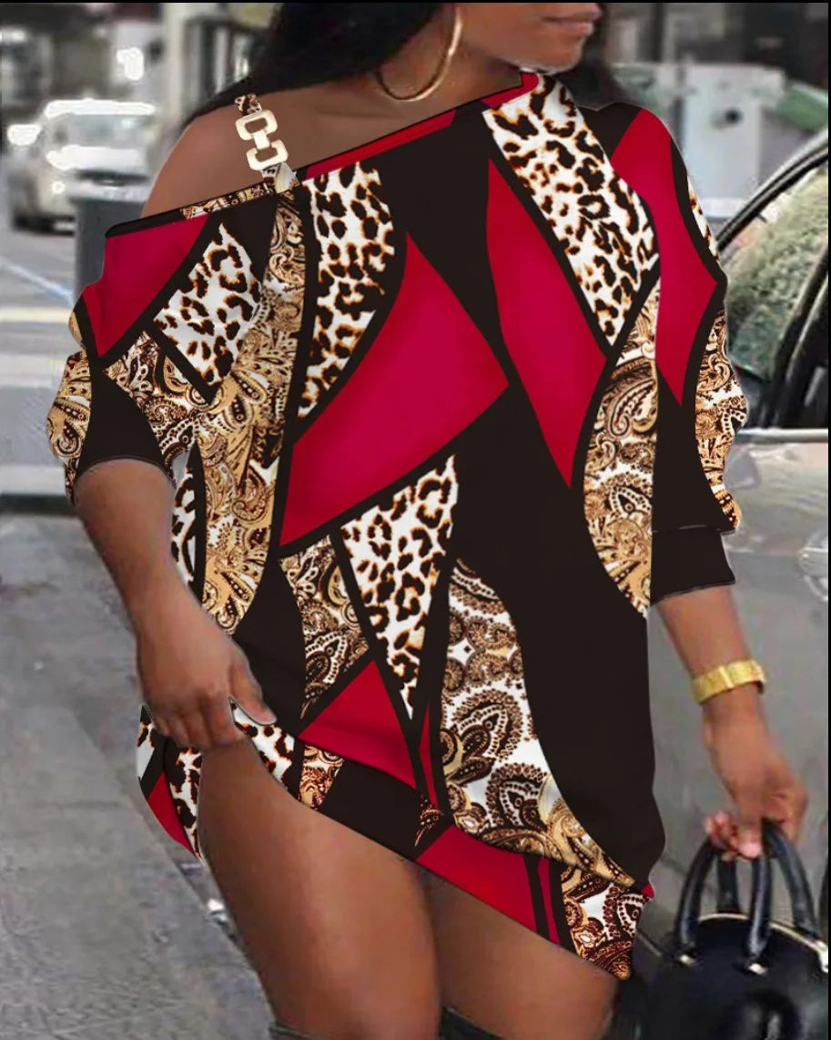 Autumn Women's Printed Mini Dress, Loose Fit Hollow Out Long Sleeve Party Club Dress