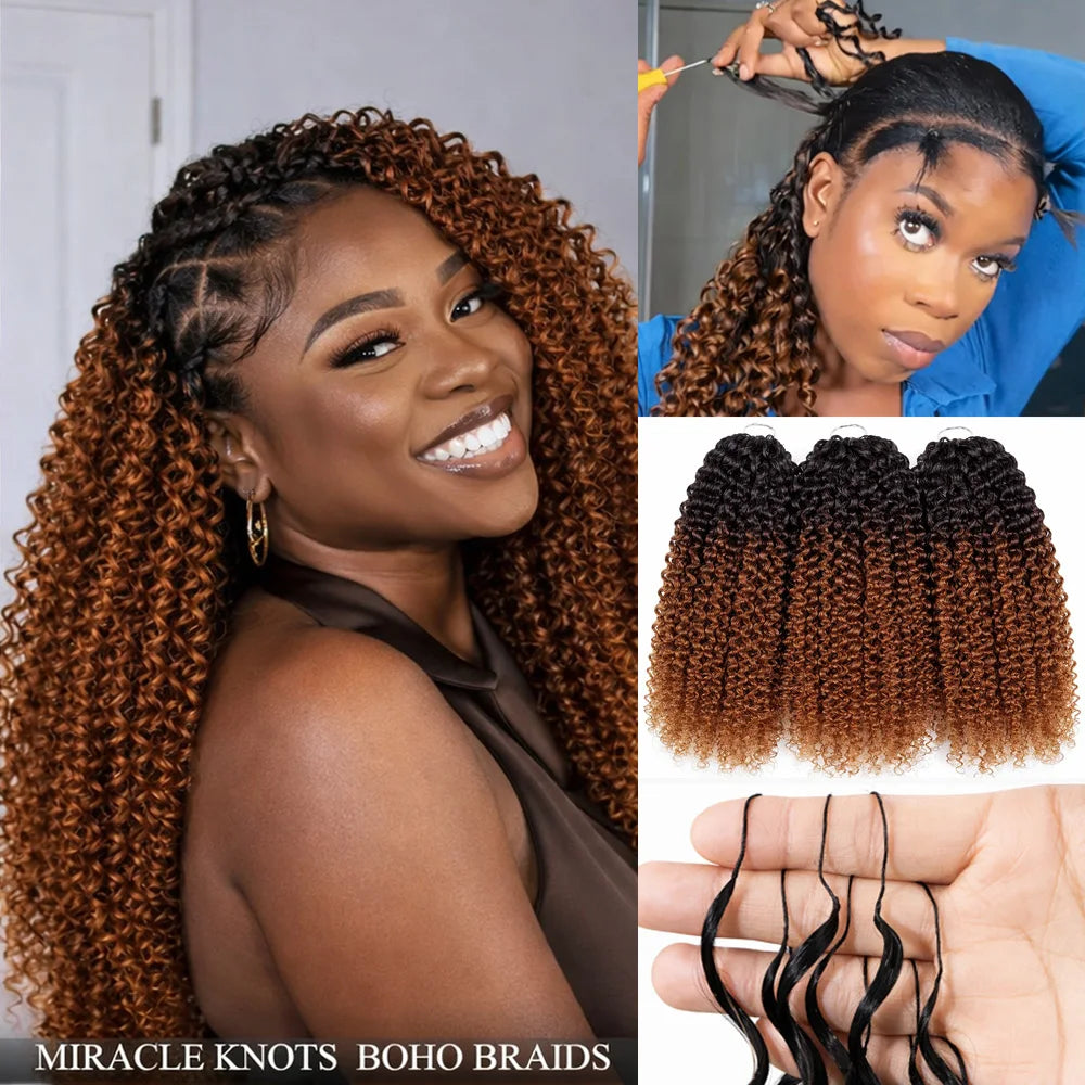 TB30 Brown Kinky Curly Crochet Hair Knotless Pre-Separated Feather Crochet Real Human Hair Reusable Miracle Konts Hair Extension