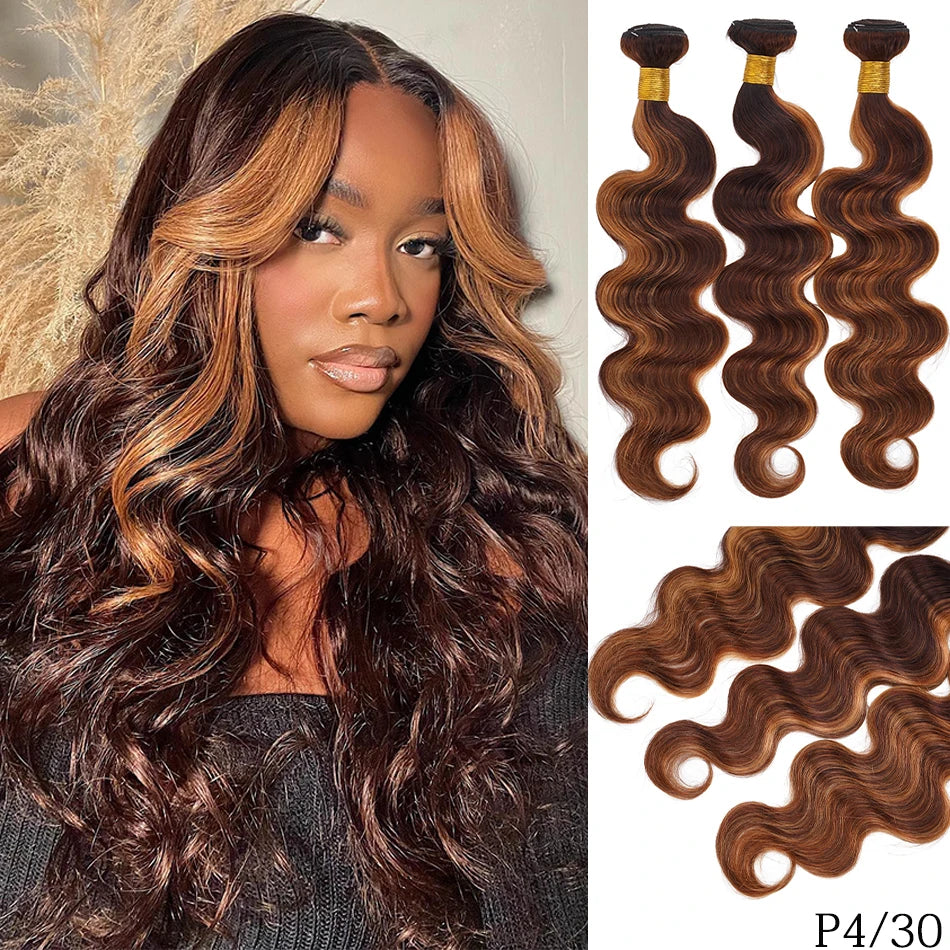Raw Indian Virgin Hair Brown Highlight Body Wave Human Hair Weave 3 Bundles Ombre Blonde Bouncy Loose Wavy Sew in Piano Color