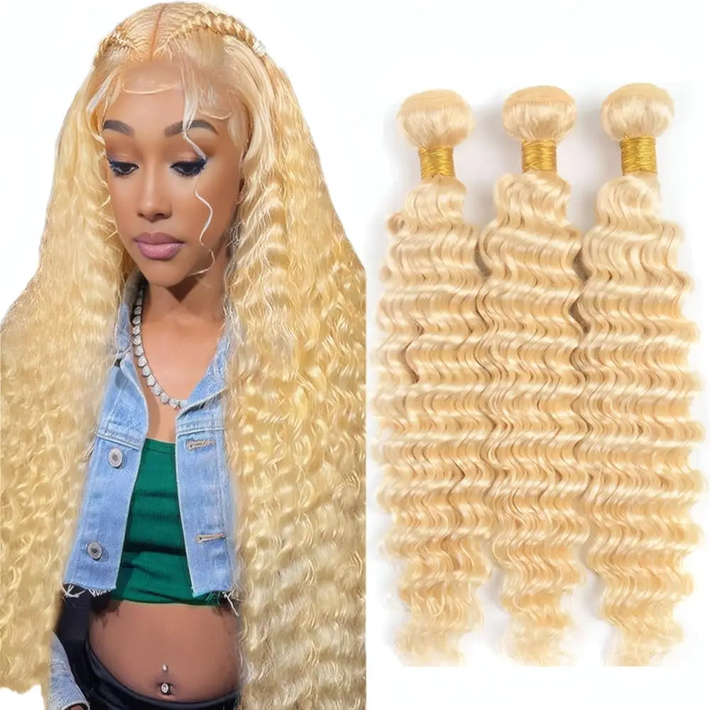 613 Human Hair Bundles Deep Wave 1/3/4 Bundle Blonde 22 24 26 28 Inch Color 613 Bundles Human Hair Extension 65g Single Bundle Double Weft Unprocessed Brazilian Virgin Hair