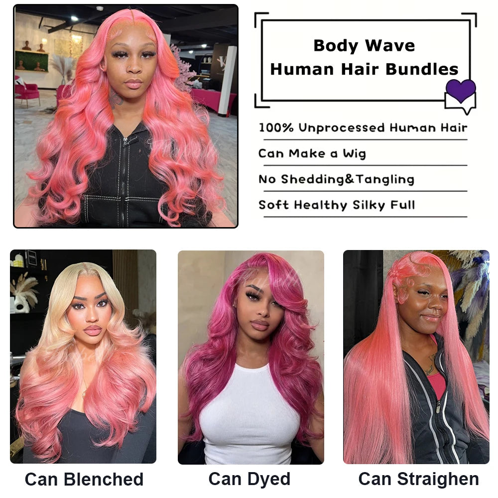 26 28 30 Pink Hair Bundles Body Wave Human Hair Bundles Pre Colored Red Hair Weaving 100% Human Hair Brazilian Hair Extensions