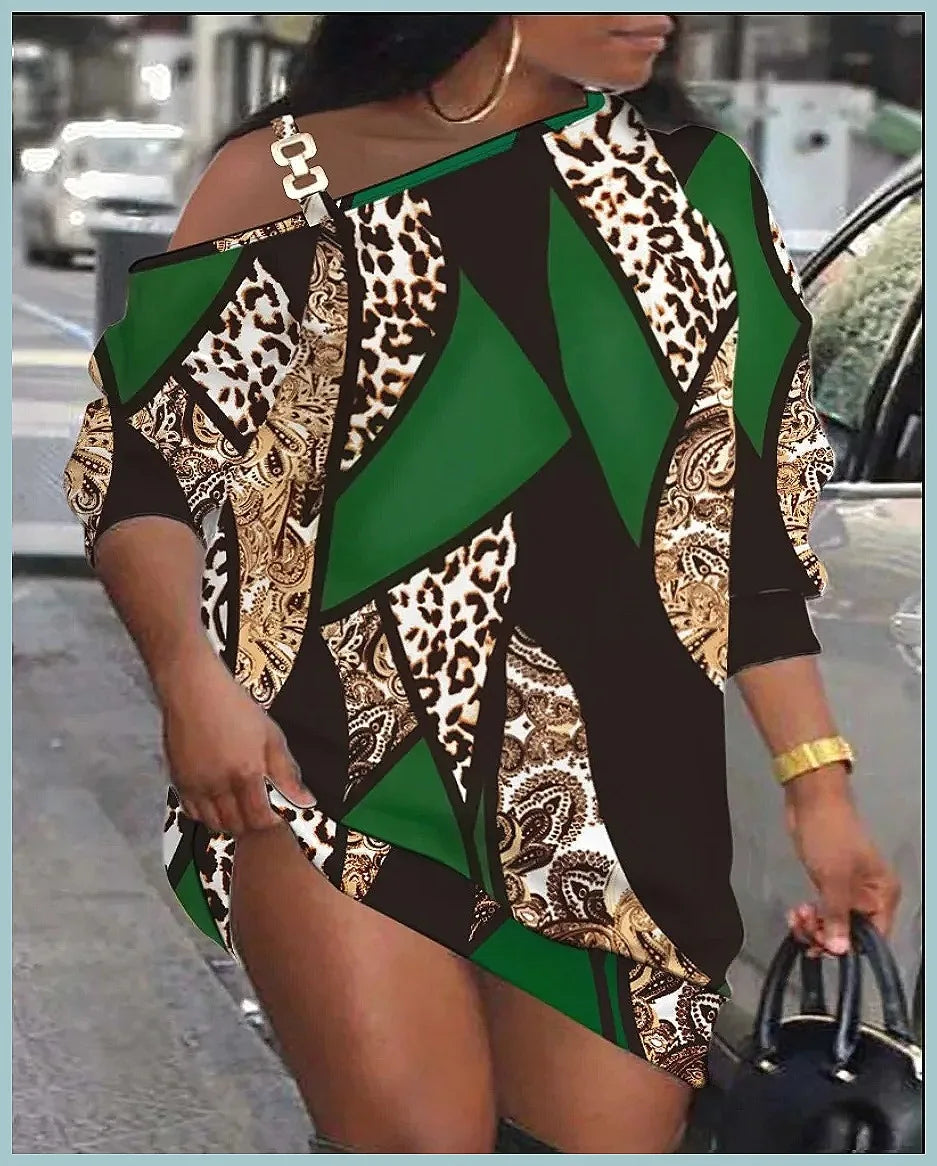 Autumn Women's Printed Mini Dress, Loose Fit Hollow Out Long Sleeve Party Club Dress