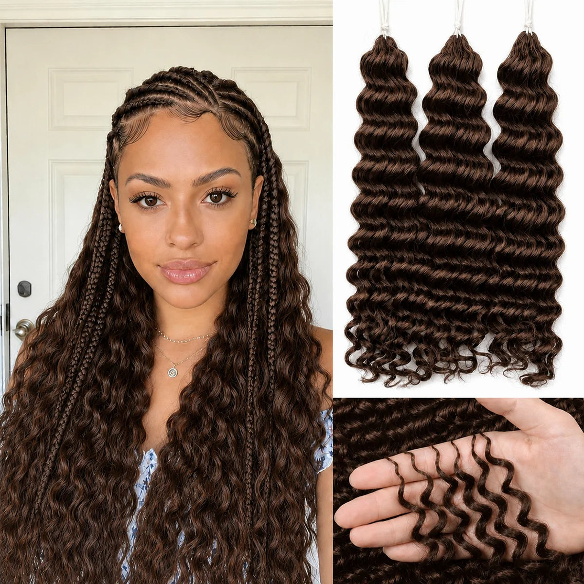 12A Chocolate Brown Deep Wave Burmese Human Hair Crochet Extension Pre Separated Feather Crochet Braiding Hair Knotless Boho Hair For Women